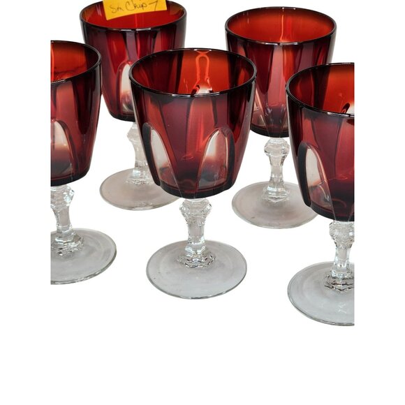Cristal DArques-Durand Gothic Ruby Red Wine Glasses Cut Clear Stem Lot Of 6 - Picture 7 of 13